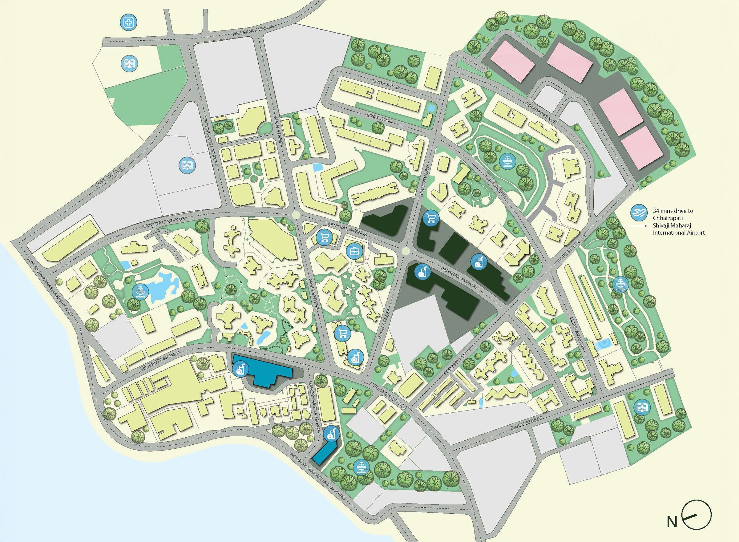 Site plan of One Orchard Avenue at Hiranandani Gardens, Powai. The map highlights key locations within the area including 'One Orchard Avenue' labeled in blue at the bottom, 'One Boulevard' to the right of One Orchard Avenue, 'Delphi' just above One Orchard Avenue, 'Transocean House' at the top right, 'Hiranandani Business Park' towards the top left, 'One South Avenue' at the top right in pink, and 'One Central Avenue' at the center in black. The areas of 'One South Avenue' include Fairmont, Winchester, Kensington A, and Kensington B. The areas of 'One Central Avenue' include Sigma, Delta, Alpha, Crystal House, Spectra, and Ventura. The map also shows other buildings and landmarks within the Hiranandani Gardens area.